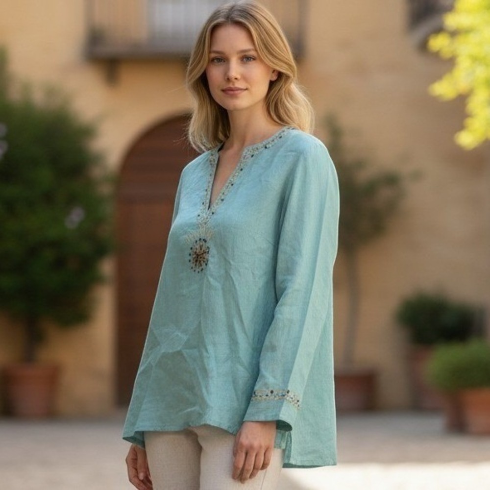 Rafaella 100% Linen Tunic Blouse Womens 8P Green Embroidered Sequin Boho Top
